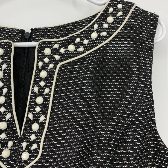 Tahari ASL Dress Black White Tweed Beaded V Neck Sleeveless Sheath - Picture 5 of 11